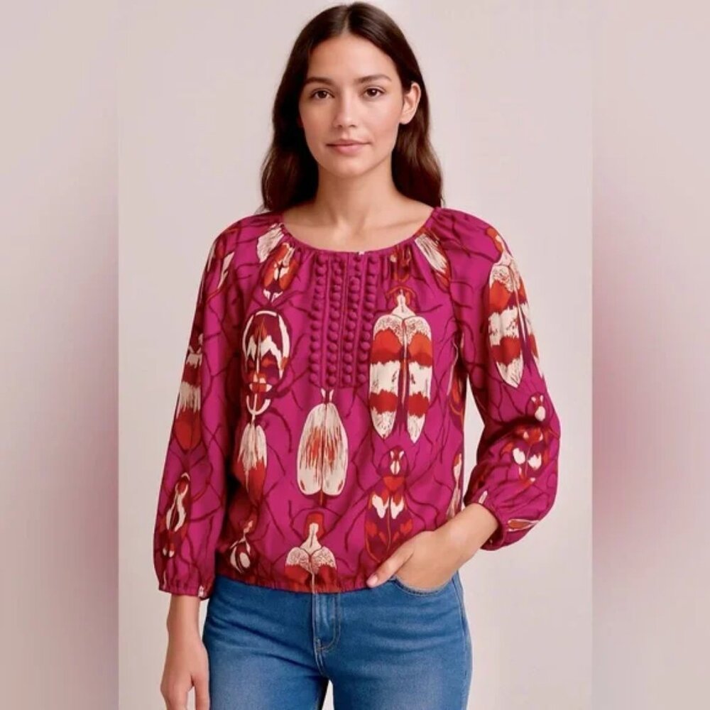 Tory Burch 100% Silk Beetle Print Top Fuchsia Orange Cream XS/2